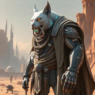 Primary subject: A white cat with glowing eyes, wearing a robe and holding a staff.

Setting/background: A desert landscape with a castle in the background.

Visual style: Digital art.

Colors and mood: The image has a dark and moody atmosphere, with the white cat standing out as the main focal point.